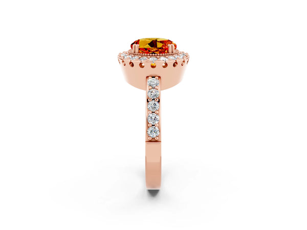 Rose gold Round Cut Citrine Halo Ring with Pavé Band and Prong Setting