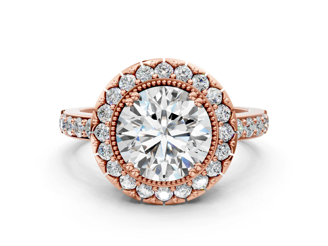 Rose gold Round Cut Diamond Halo Ring with Pavé Band and Prong Setting_3