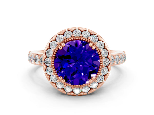 Rose gold Round Cut Tanzanite Halo Ring with Pavé Band and Prong Setting