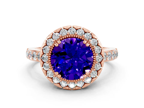 Rose gold Round Cut Diamond Halo Ring with Pavé Band and Prong Setting