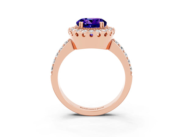 Rose gold Round Cut Tanzanite Halo Ring with Pavé Band and Prong Setting