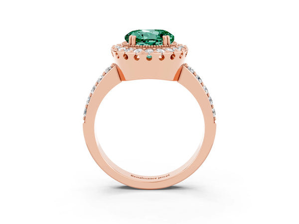 Rose gold Round Cut Green Sapphire Halo Ring with Pavé Band and Prong Setting