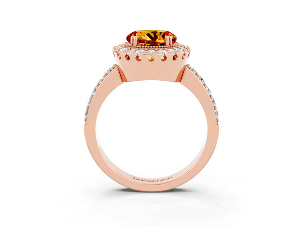 Rose gold Round Cut Citrine Halo Ring with Pavé Band and Prong Setting