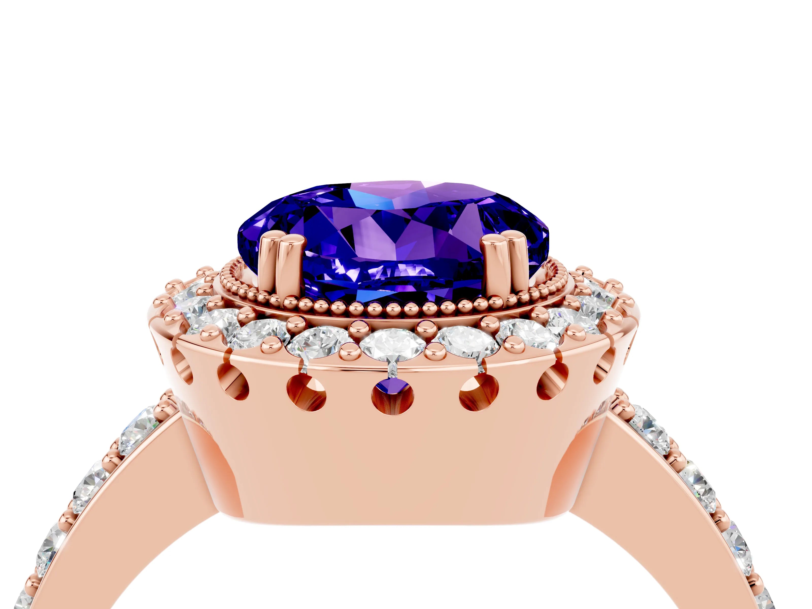 Rose gold Round Cut Diamond Halo Ring with Pavé Band and Prong Setting_4