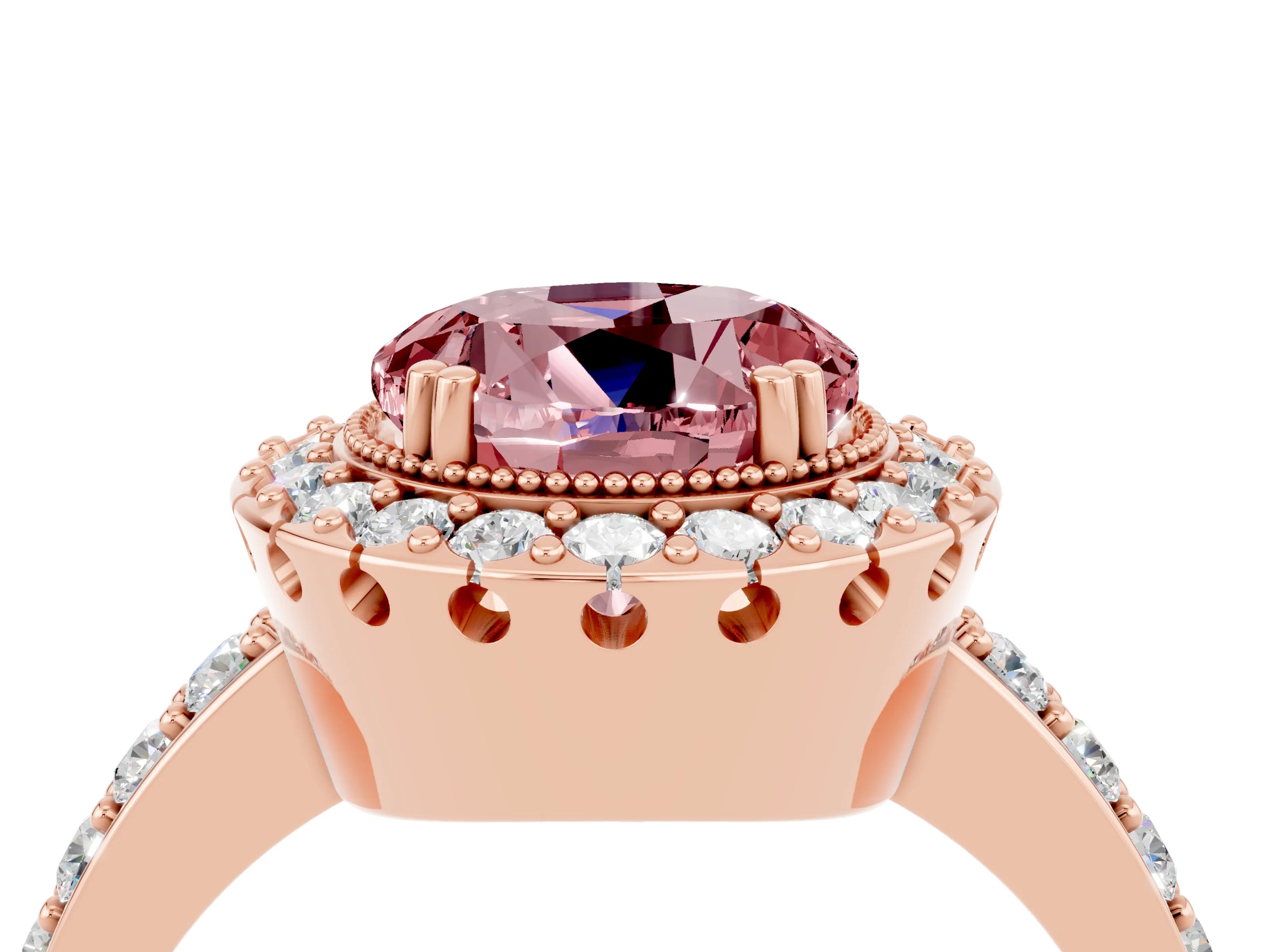 Rose gold Round Cut Diamond Halo Ring with Pavé Band and Prong Setting_4
