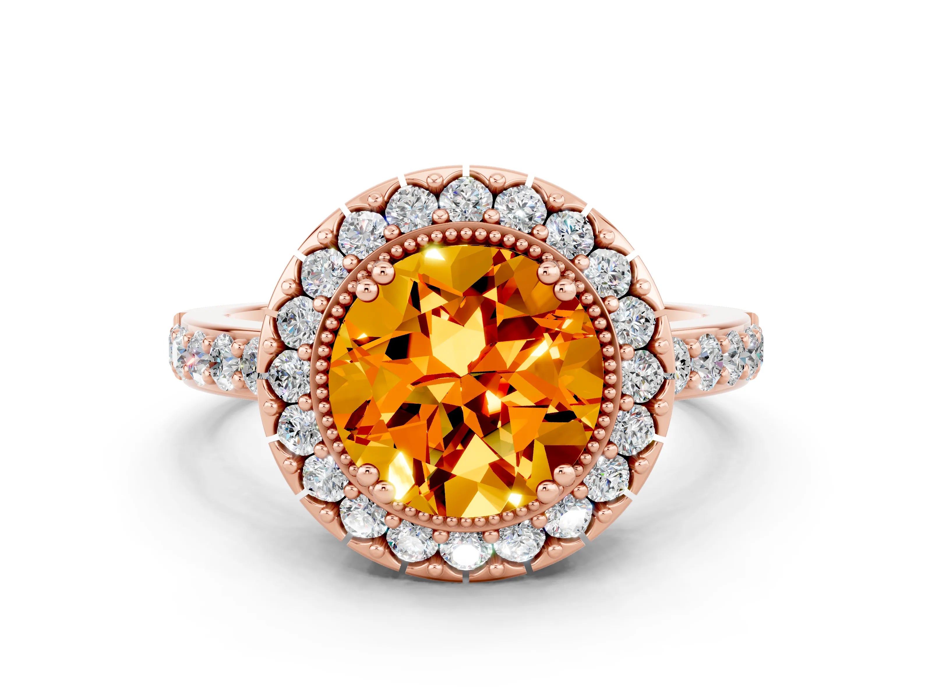Rose gold Round Cut Diamond Halo Ring with Pavé Band and Prong Setting