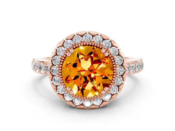 Rose gold Round Cut Citrine Halo Ring with Pavé Band and Prong Setting