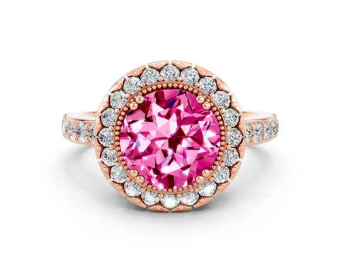 Rose gold Round Cut Diamond Halo Ring with Pavé Band and Prong Setting