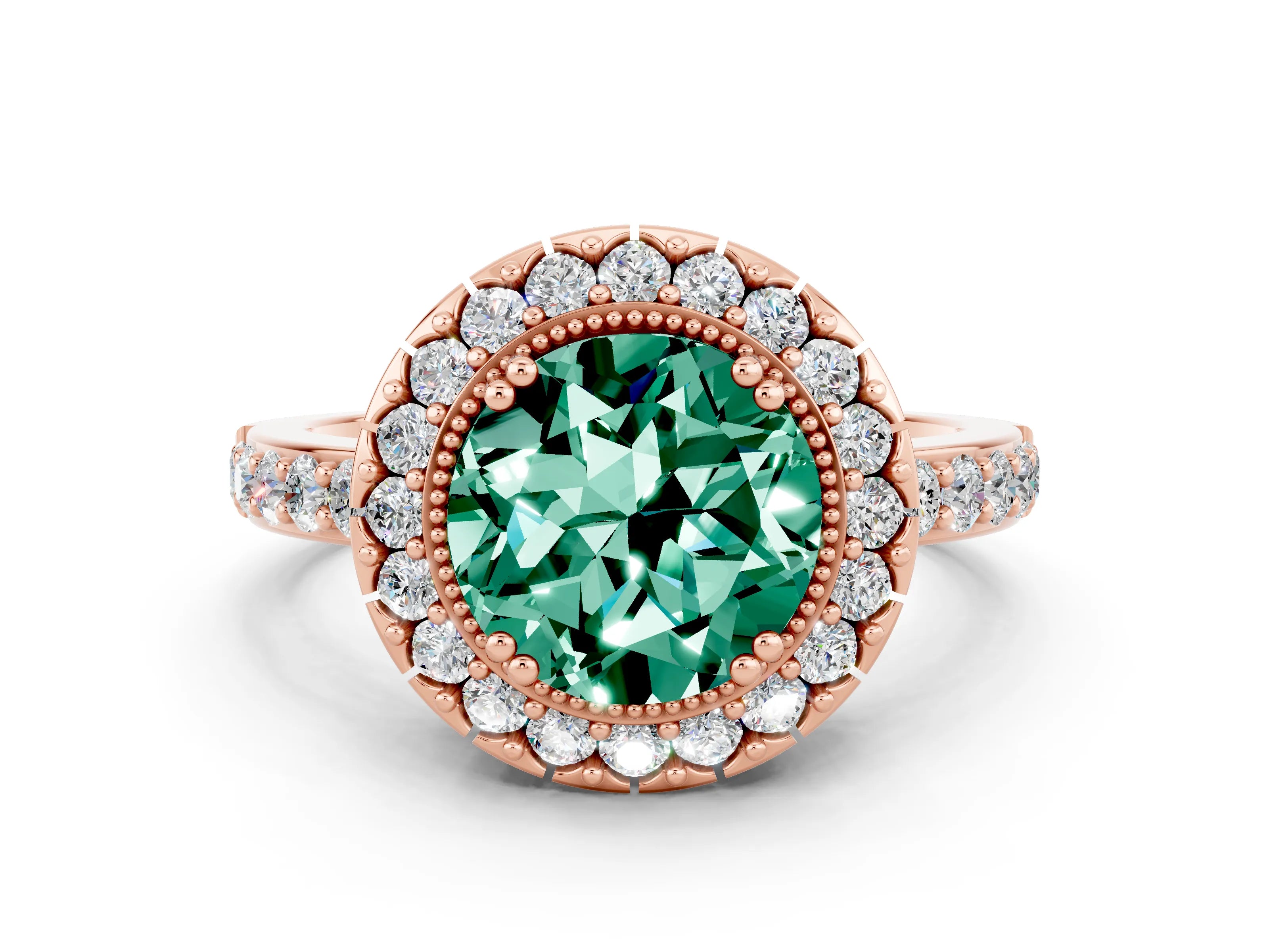 Rose gold Round Cut Diamond Halo Ring with Pavé Band and Prong Setting
