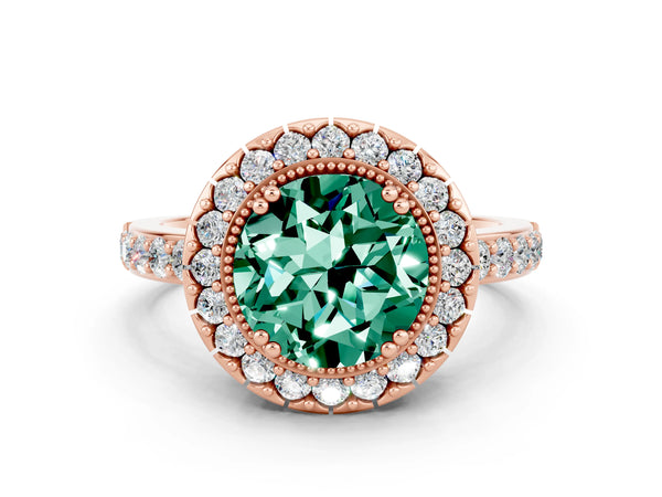 Rose gold Round Cut Green Sapphire Halo Ring with Pavé Band and Prong Setting