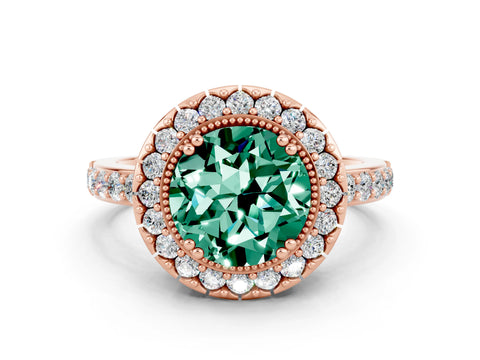 Rose gold Round Cut Diamond Halo Ring with Pavé Band and Prong Setting
