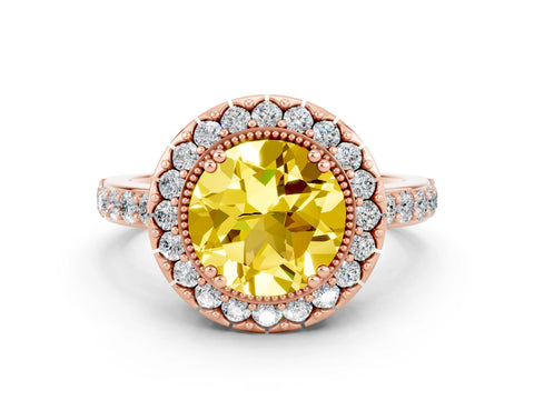 Rose gold Round Cut Diamond Halo Ring with Pavé Band and Prong Setting
