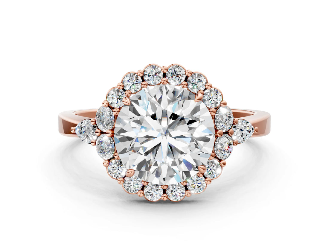 Rose gold Round Cut Diamond Halo Ring with Pear Side Stones and Prong Setting_57