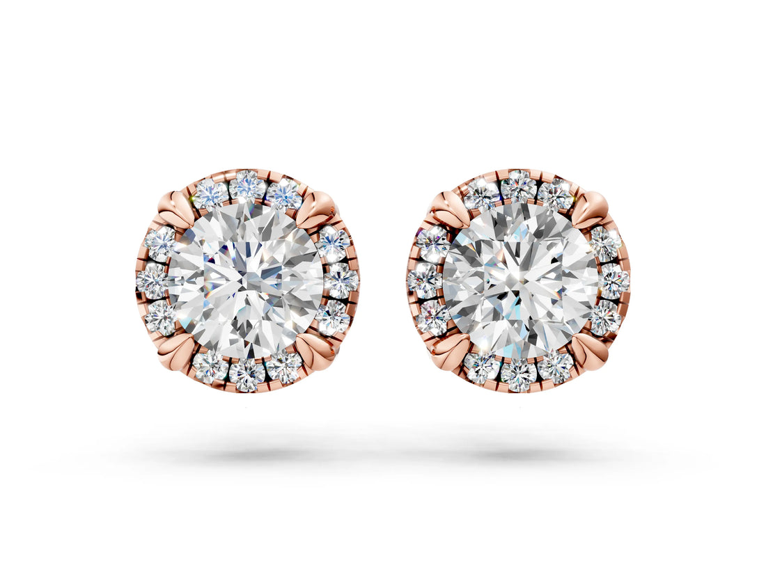 Rose gold Round Cut Diamond Halo Stud Earrings with Pavé Accents_8
