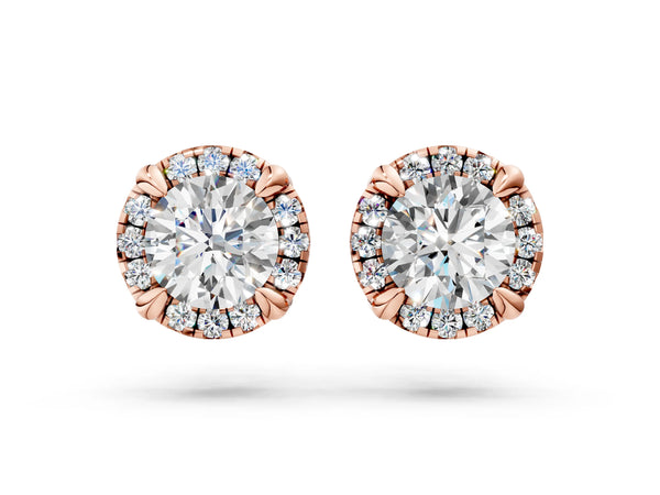 Rose gold Round Cut Diamond Halo Stud Earrings with Pavé Accents