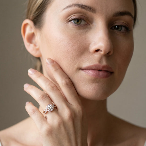 Rose gold Round Cut Diamond Halo Twist Band with Four-Prong Setting