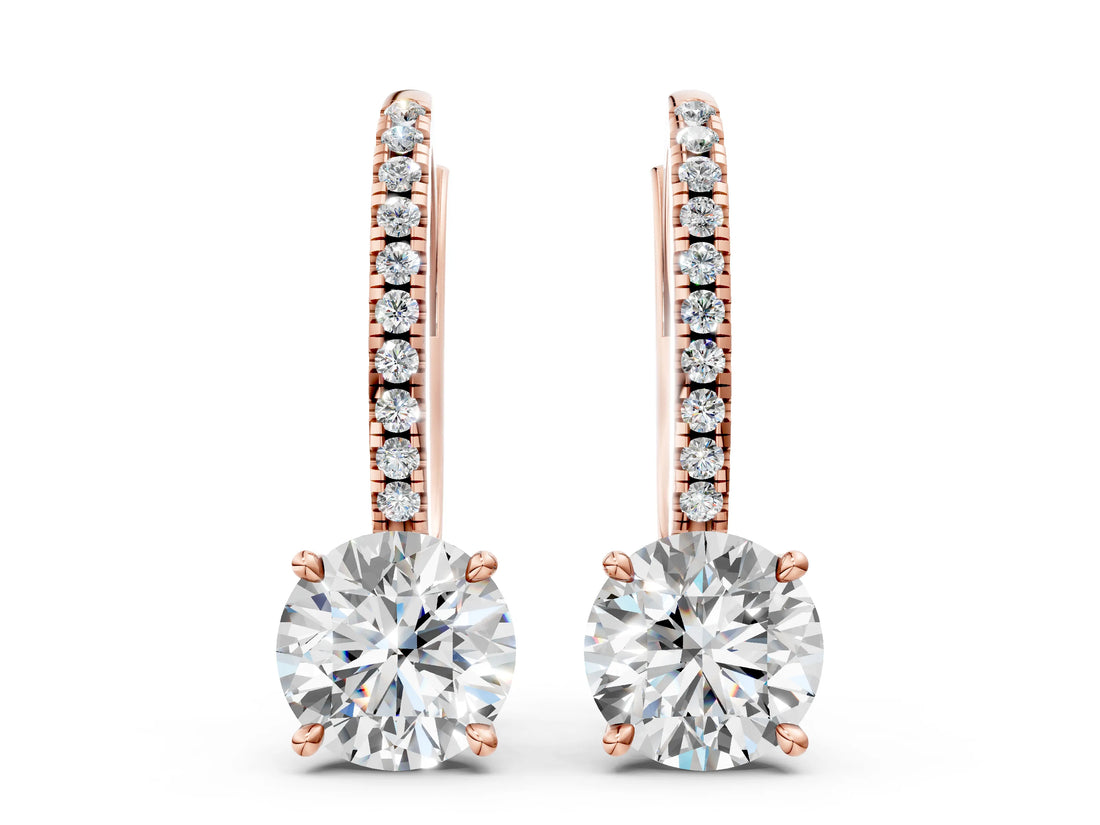 Rose gold Round Cut Diamond Hidden Halo Drop Earrings with Pavé Hoop_44