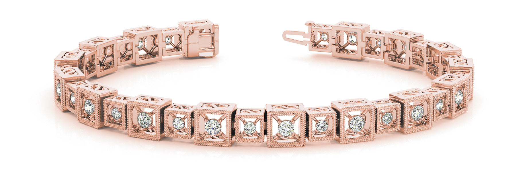 Rose gold Round Cut Diamond Milgrain Box Link Bracelet with Four-Prong Setting