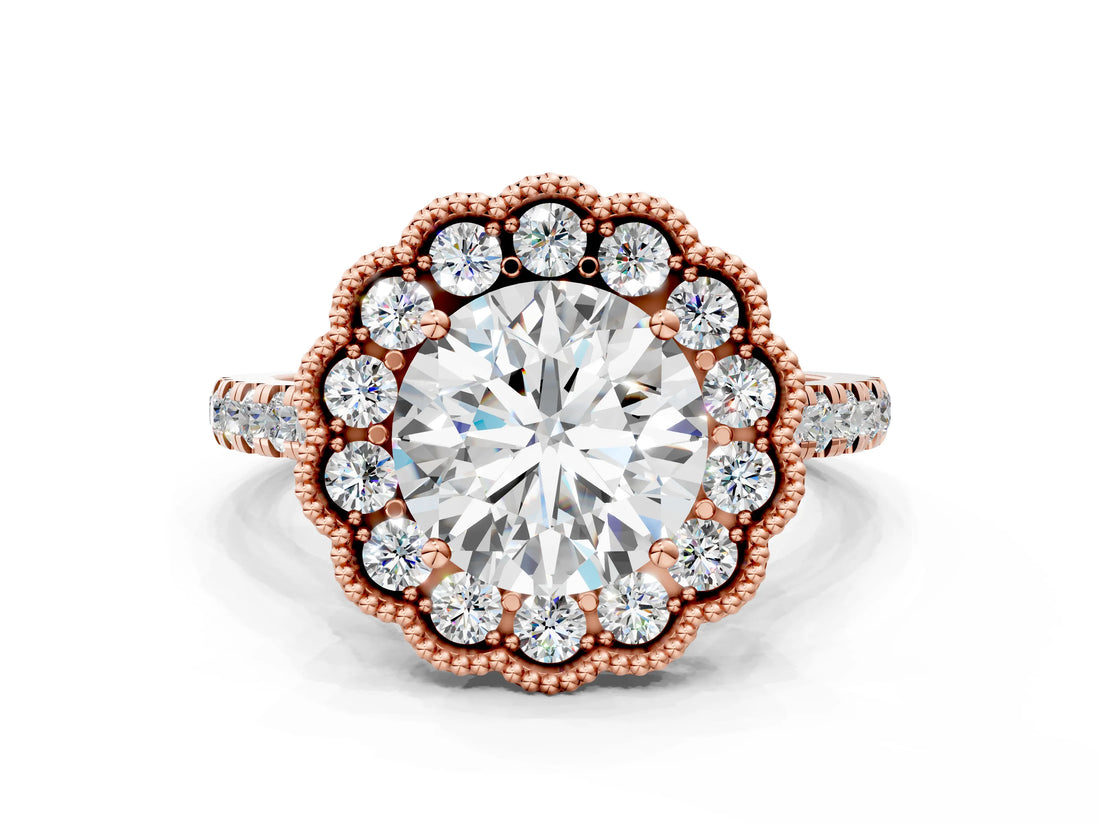 Rose gold Round Cut Diamond Milgrain Floral Halo Engagement Ring with Pavé Band_48