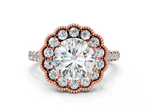 Rose Gold Round Milgrain Floral Halo Engagement Ring Setting