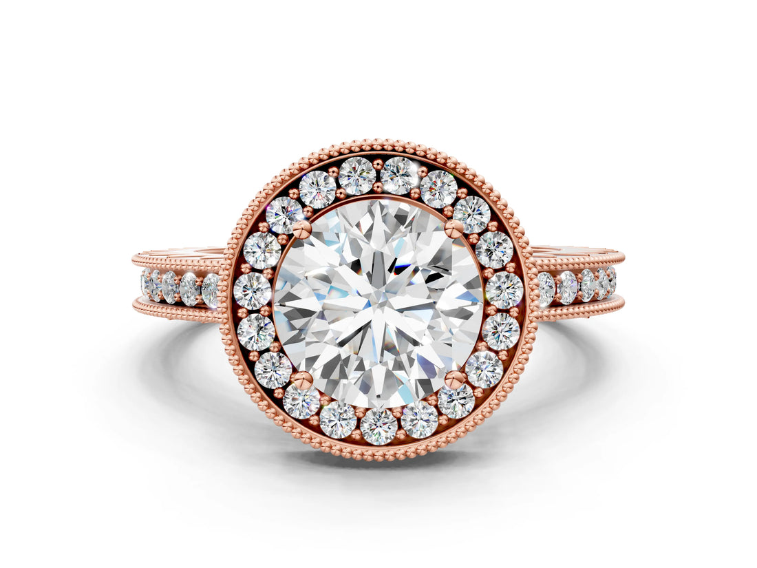 Rose gold Round Cut Diamond Milgrain Halo Engagement Ring with Round Pavé Band and Prong Setting_12