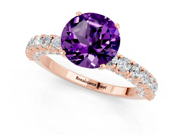Rose gold Round Cut Amethyst Solitaire Ring with Round Accent Pavé Band and Prong Setting