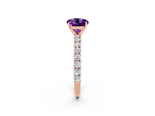 Rose gold Round Cut Amethyst Solitaire Ring with Round Accent Pavé Band and Prong Setting