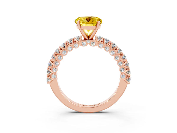 Rose gold Round Cut Diamond Pavé Band Solitaire Ring with Prong Setting