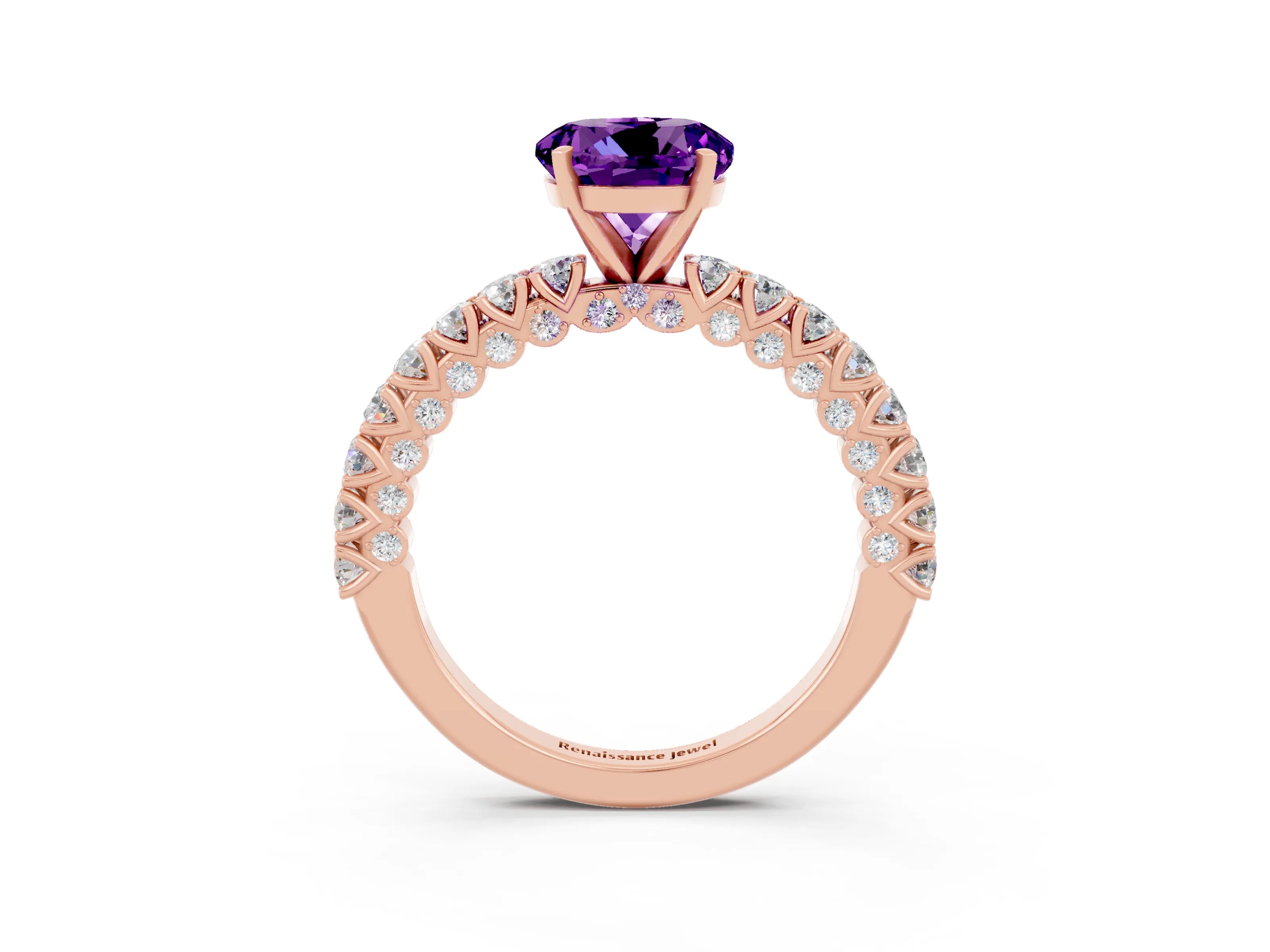 Rose gold Round Cut Diamond Pavé Band Solitaire Ring with Prong Setting_3