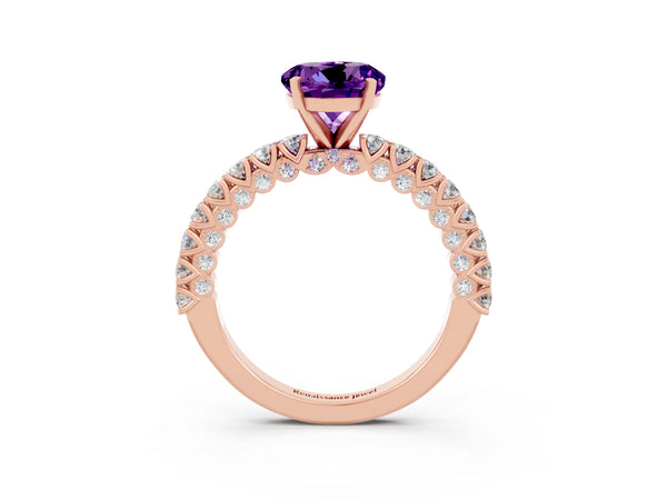 Rose gold Round Cut Amethyst Solitaire Ring with Round Accent Pavé Band and Prong Setting