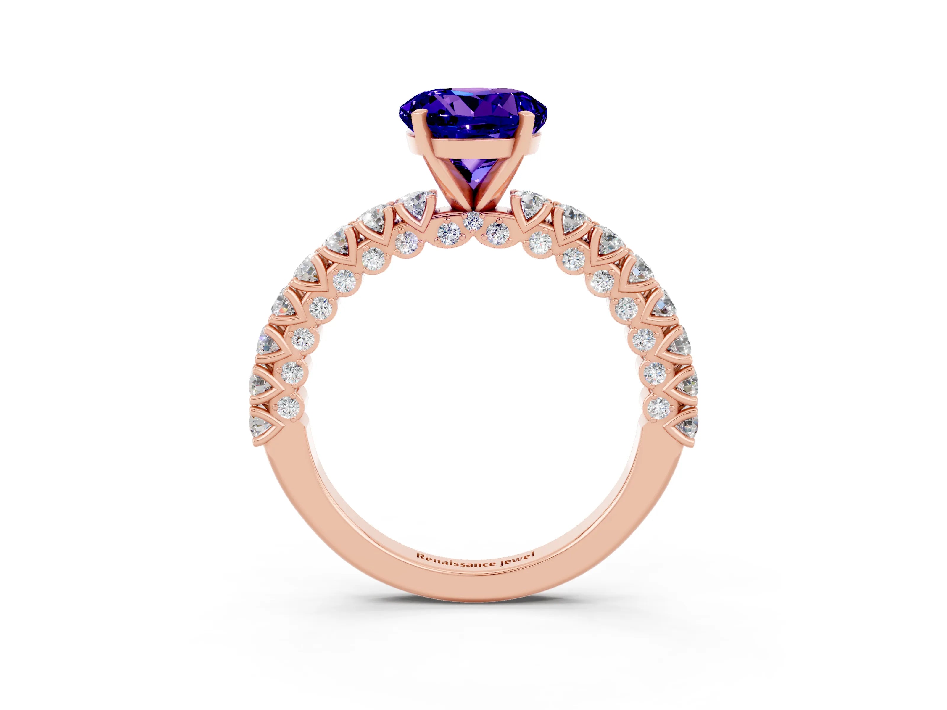 Rose gold Round Cut Diamond Pavé Band Solitaire Ring with Prong Setting_3