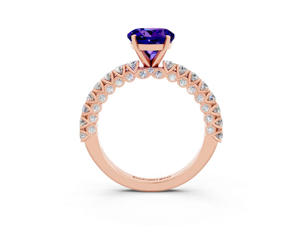 Rose gold Round Cut Diamond Pavé Band Solitaire Ring with Prong Setting