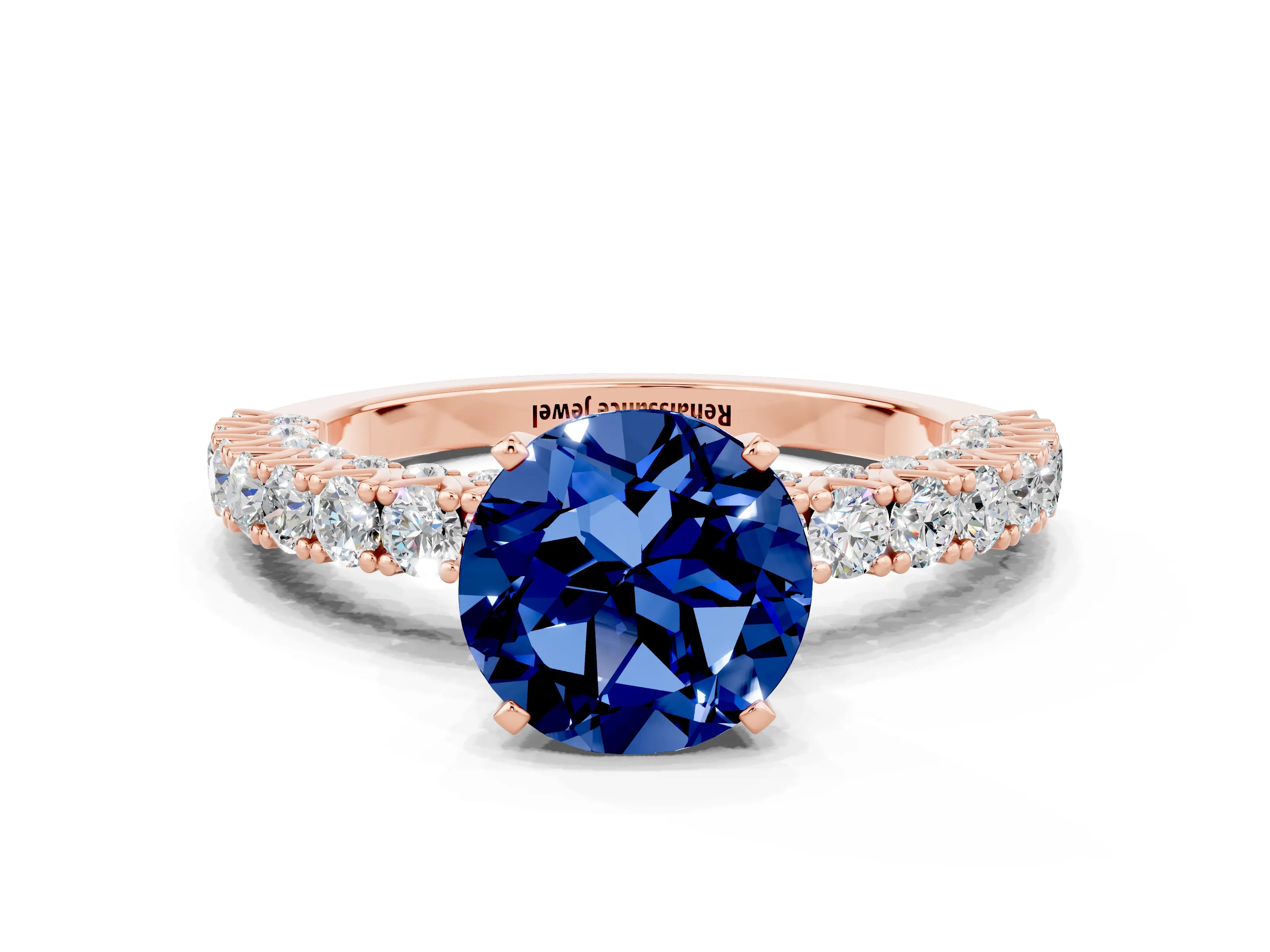 Rose gold Round Cut Diamond Pavé Band Solitaire Ring with Prong Setting