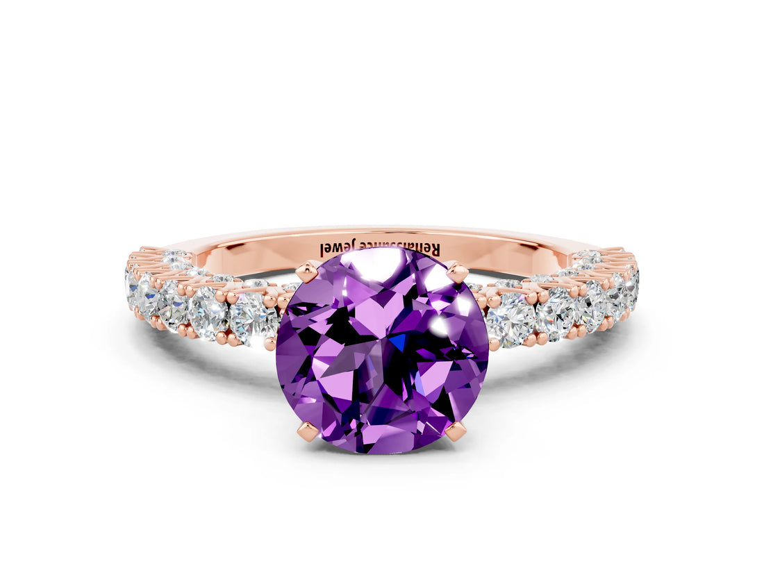 Rose gold Round Cut Diamond Pavé Band Solitaire Ring with Prong Setting