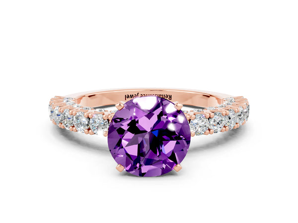 Rose gold Round Cut Amethyst Solitaire Ring with Round Accent Pavé Band and Prong Setting