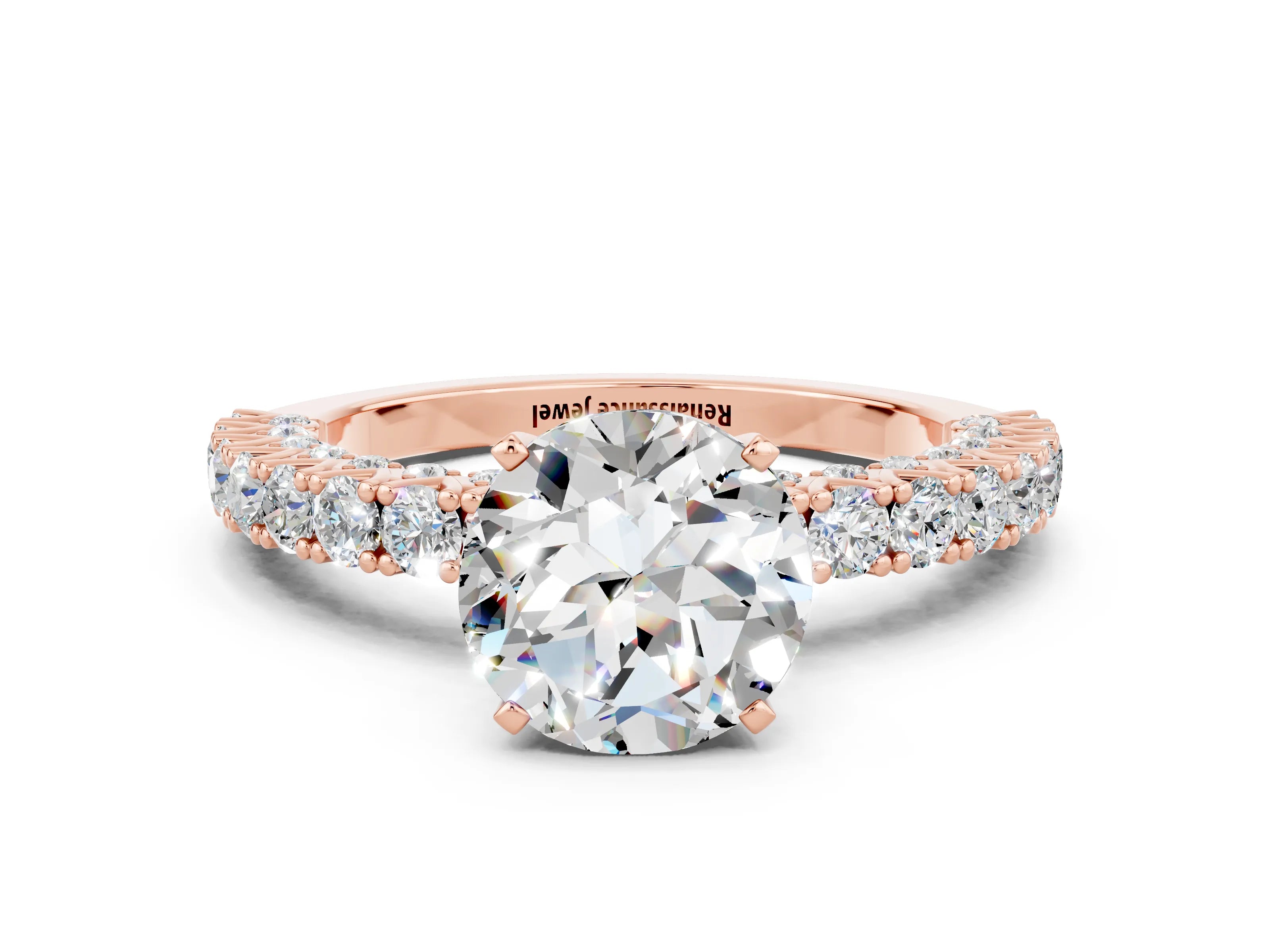 Rose gold Round Cut Diamond Pavé Band Solitaire Ring with Prong Setting