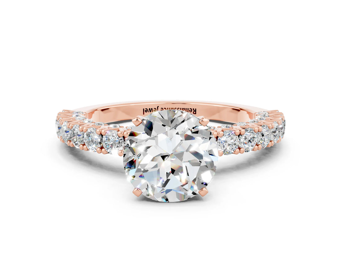 Rose gold Round Cut Diamond Pavé Band Solitaire Ring with Prong Setting
