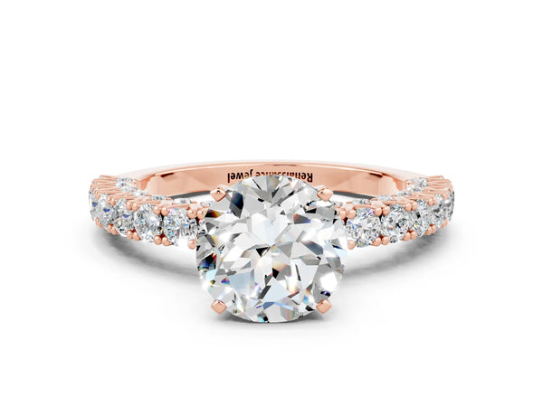 Rose gold Round Cut Diamond Pavé Band Solitaire Ring with Prong Setting