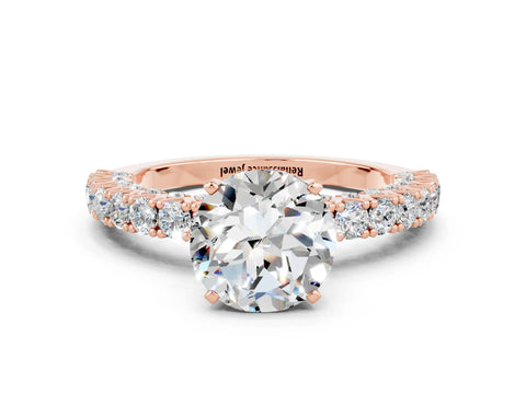 Rose gold Round Cut Diamond Pavé Band Solitaire Ring with Prong Setting