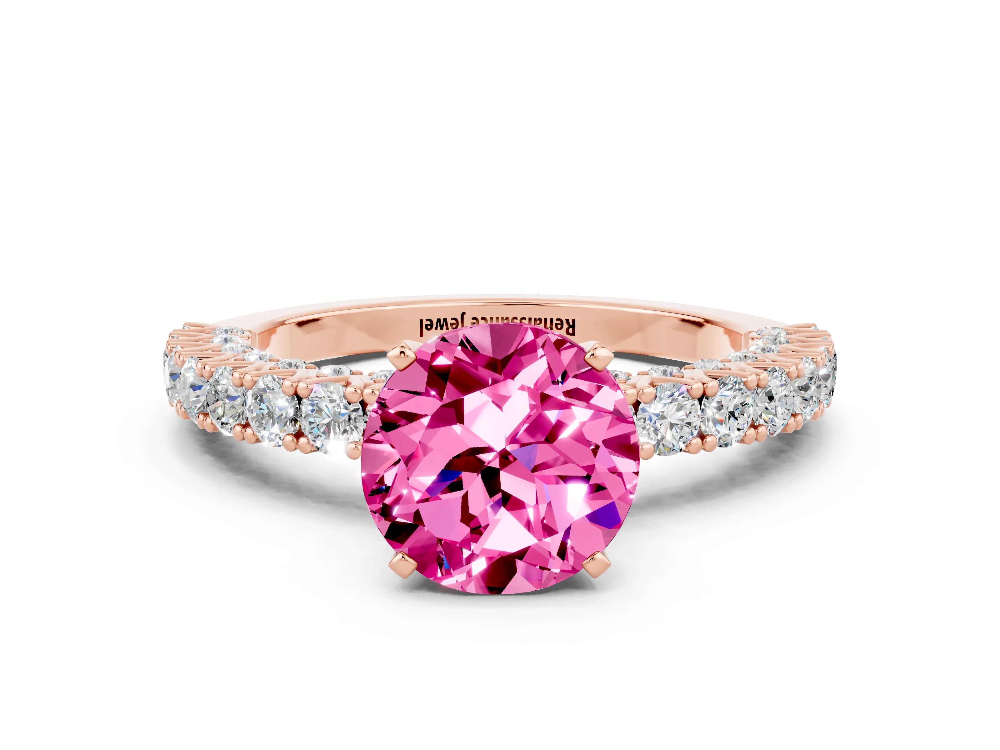 Rose gold Round Cut Diamond Pavé Band Solitaire Ring with Prong Setting