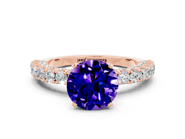 Rose gold Round Cut Diamond Pavé Band Solitaire Ring with Prong Setting
