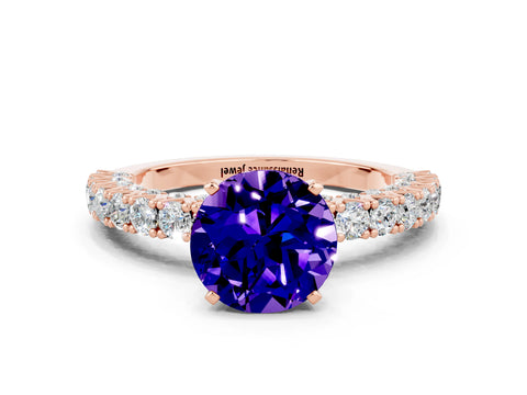 Rose gold Round Cut Diamond Pavé Band Solitaire Ring with Prong Setting