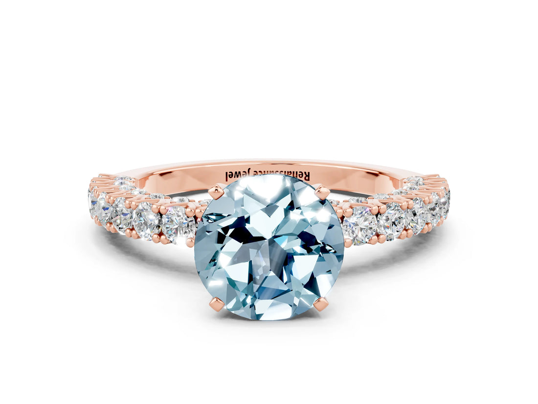 Rose gold Round Cut Diamond Pavé Band Solitaire Ring with Prong Setting