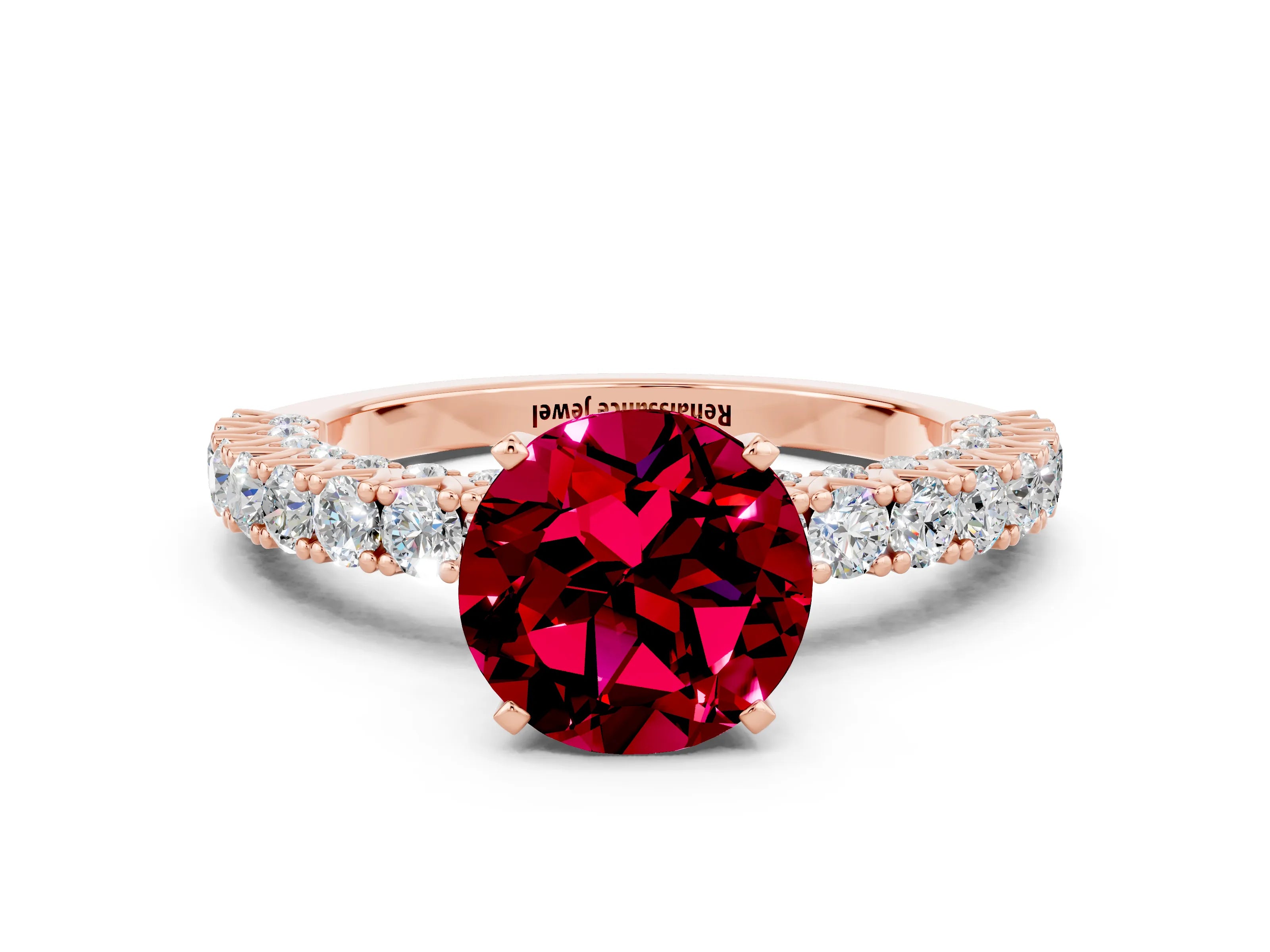 Rose gold Round Cut Diamond Pavé Band Solitaire Ring with Prong Setting