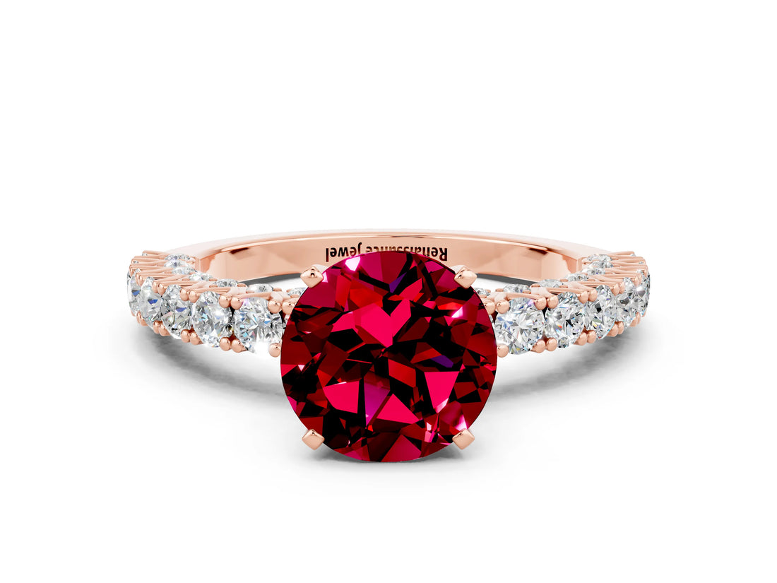Rose gold Round Cut Diamond Pavé Band Solitaire Ring with Prong Setting