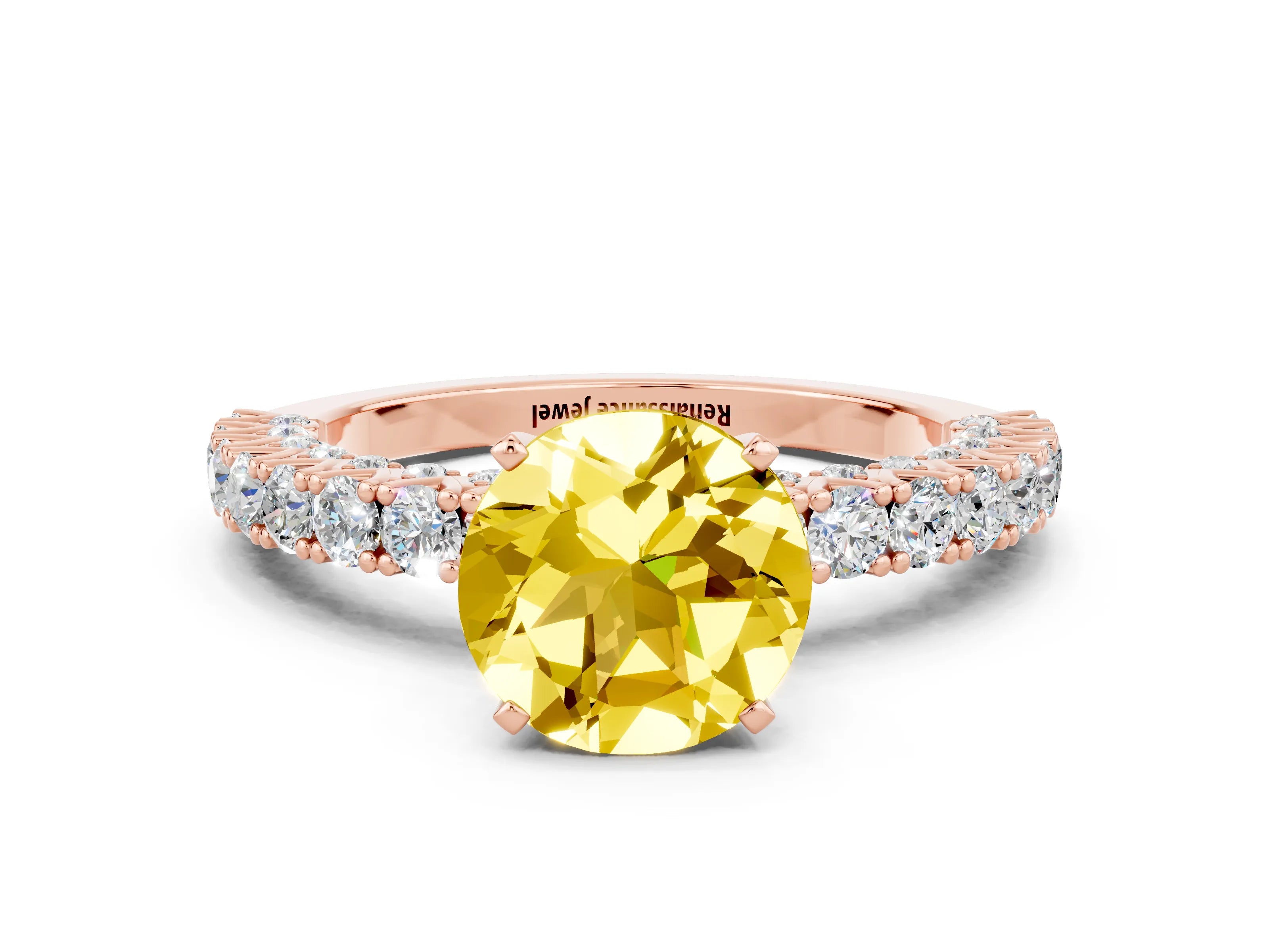 Rose gold Round Cut Diamond Pavé Band Solitaire Ring with Prong Setting