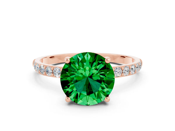 Rose gold Round Cut Emerald Solitaire Ring with Round Pavé Shoulders and Prong Setting