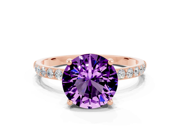 Rose gold Round Cut Amethyst Solitaire Ring with Round Pavé Shoulders and Prong Setting