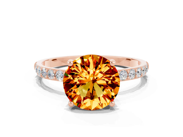 Rose gold Round Cut Citrine Solitaire Ring with Round Pavé Shoulders and Prong Setting