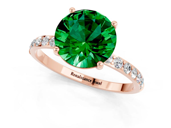 Rose gold Round Cut Emerald Solitaire Ring with Round Pavé Shoulders and Prong Setting